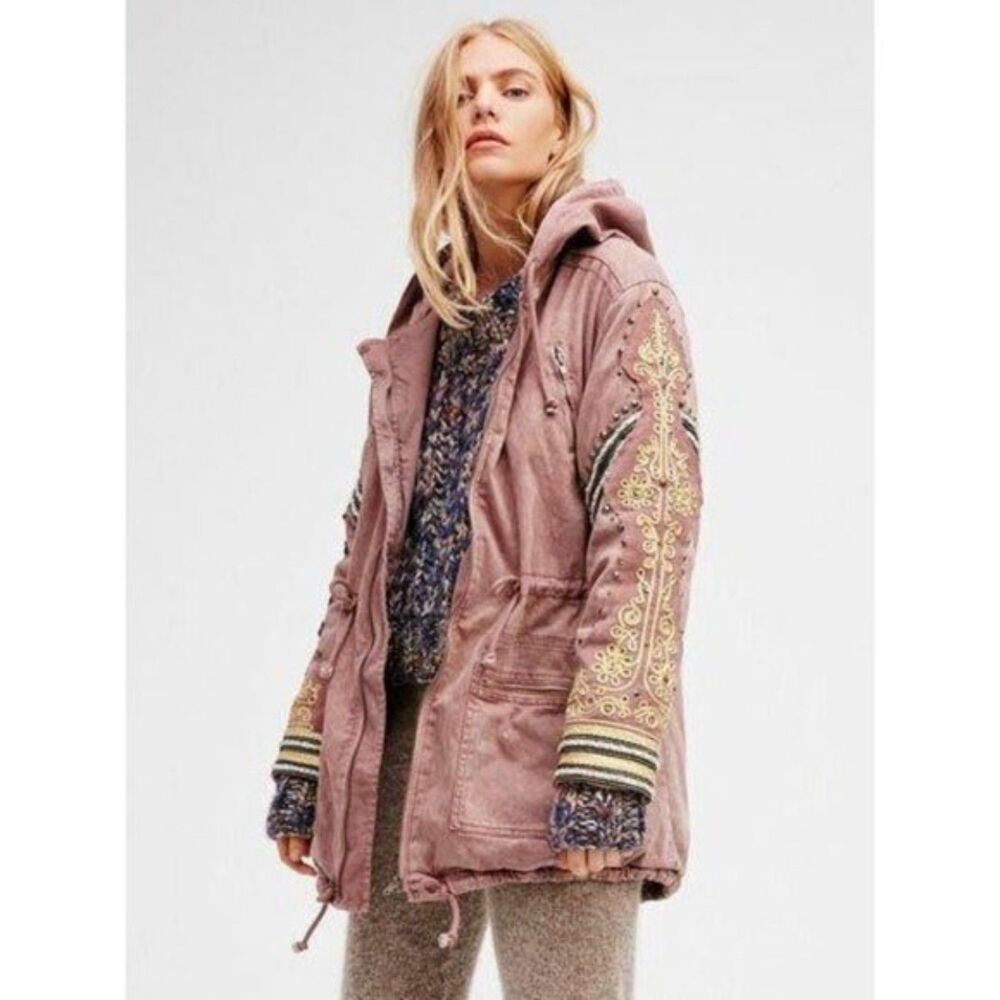 Free People Parka Jacket XS Embroidered Grunge Cargo Pink Mauve Golden Quills